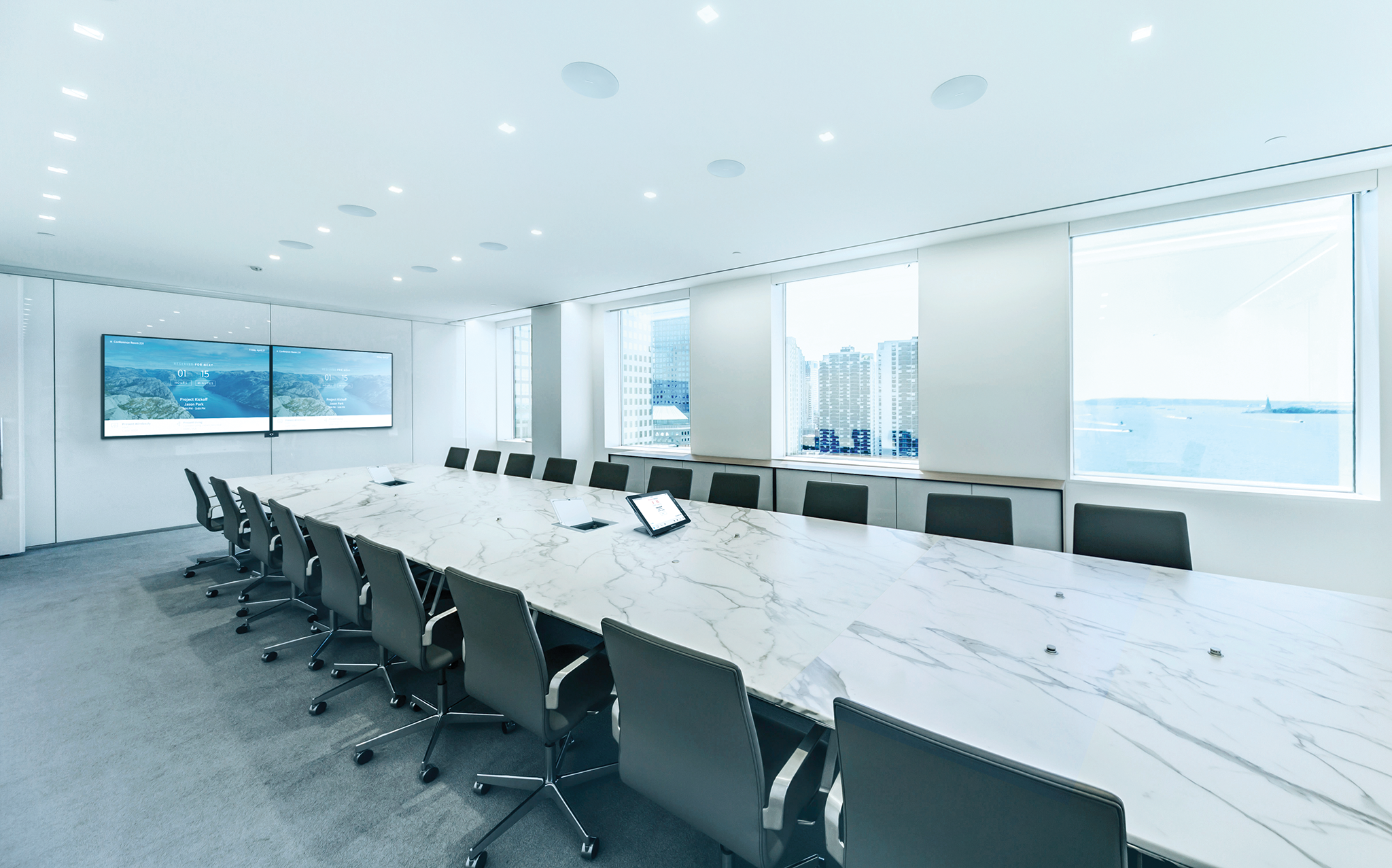 Executive conference room with integrated video conferencing and presentation technology for Miami businesses